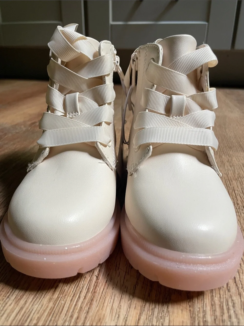 Cat & Jack Cream Lace-Up Kids Ankle Boots with Pink Sole